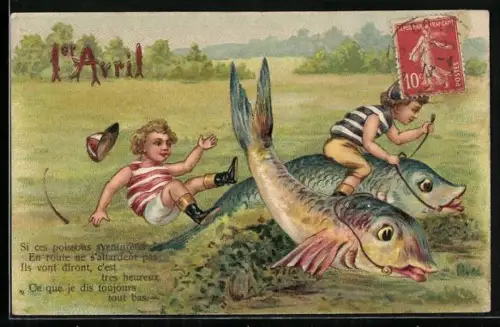 Künstler-AK Zwei Kinder reiten Fische auf einer Wiese