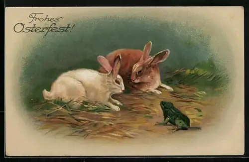 Künstler-AK Zwei Kaninchen im Gras mit einem Frosch, Frohes Osterfest