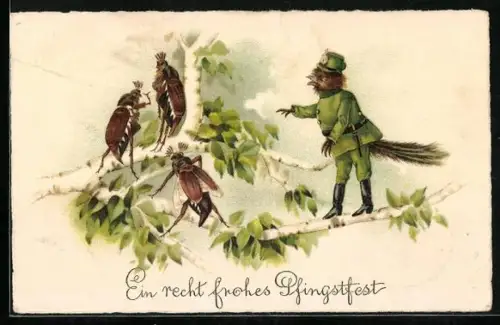 Künstler-AK Vogel-Polizist vertreibt drei Maikäfer