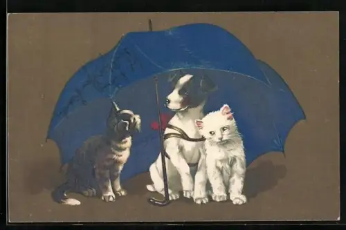 Künstler-AK Zwei Kätzchen und ein Hund sitzen unter einem blauen Schirm