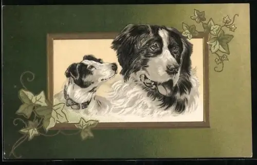 Präge-AK Zwei Hunde in goldenem Rahmen mit Efeu