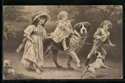 Künstler-AK Kleinkind reitet auf einem Hund, Kinder laufen mit Hunden durch den Wald