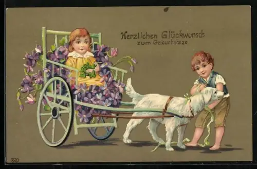 Künstler-AK Weisser Hund vor einem Gespann mit Veilchen, Herzlichen Glückwunsch zum Geburtstage