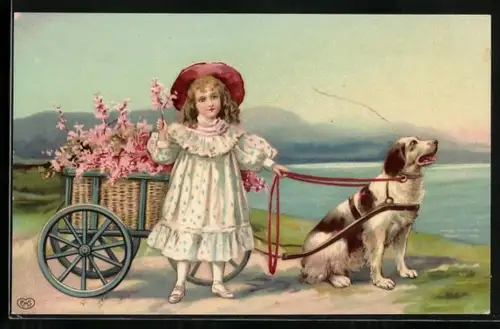 Künstler-AK Mädchen mit einem Hundegespann und Blumen