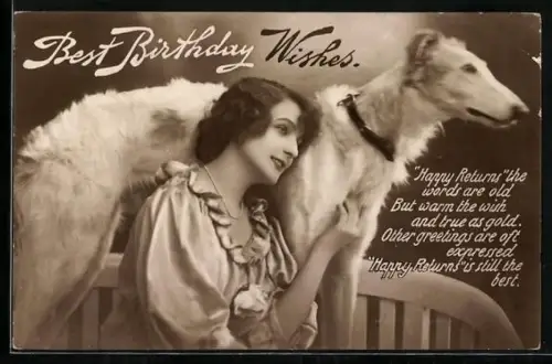 AK Frau lehnt an einen grossen Hund, Best Birthday Wishes