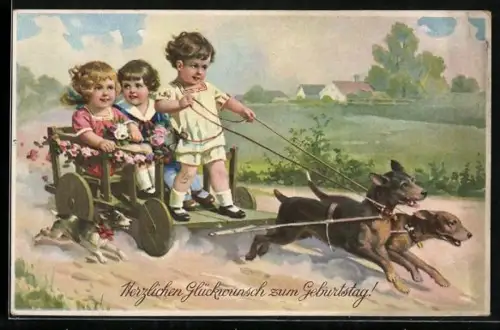 AK Glückwunsch zum Geburtstag, Kinder im Bollerwagen lassen sich von Dackeln ziehen