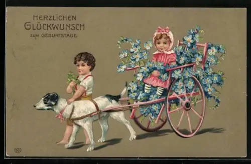 Präge-AK Kinder mit einem Hundegespann mit Vergissmeinnicht, Geburtstagswünsche