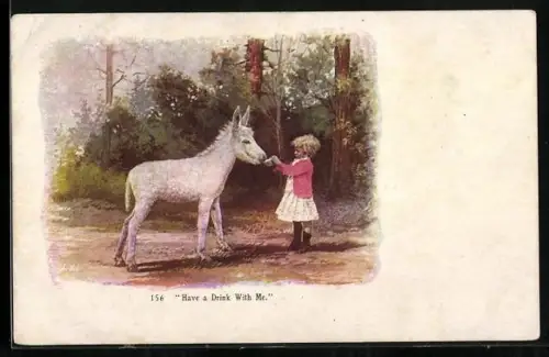Präge-AK Kind bietet einem Esel eine Tasse an, Have a drink with me