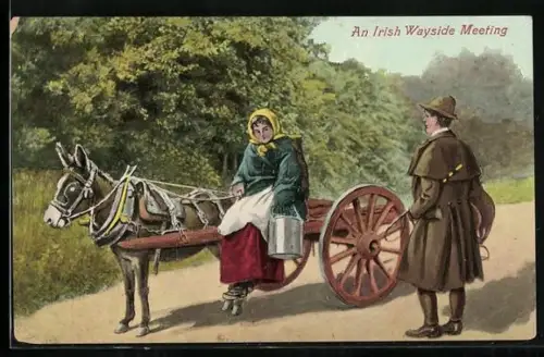 AK Frau mit ihrem Eselgespann trifft auf einen Mann