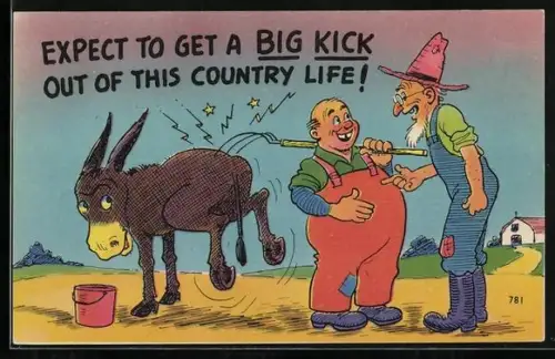 Künstler-AK Esel holt aus um einen Bauer zu treten, Expect to get a big kick out of this country life