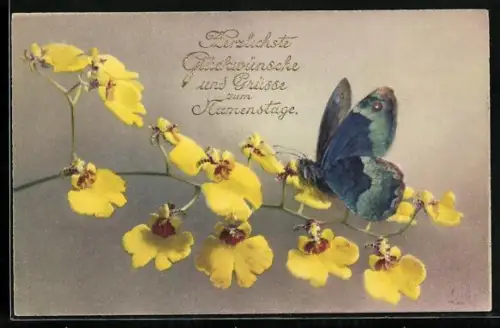 AK Blauer Schmetterling sitzt auf gelben Blüten, Namenstag