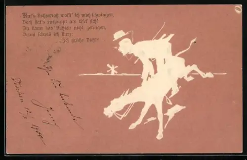 Präge-AK Mann wird von einem Esel abgeworfen, Gedicht