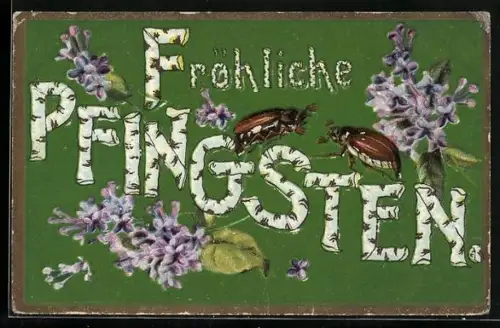 Präge-AK Zwei Maikäfer mit dem Schriftzug Fröhliche Pfingsten aus Birken