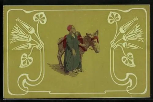 Präge-AK Ein Mann mit seinem Esel
