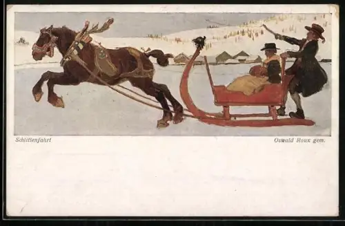 Künstler-AK Zwei Menschen auf einem Pferdeschlitten im Schnee