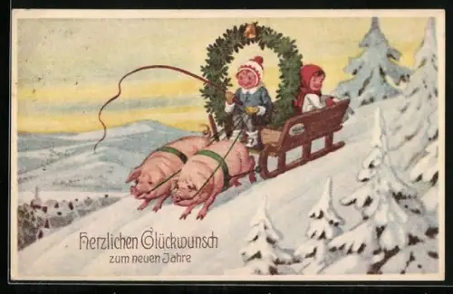 AK Schweine ziehen den Schlitten mit Kindern