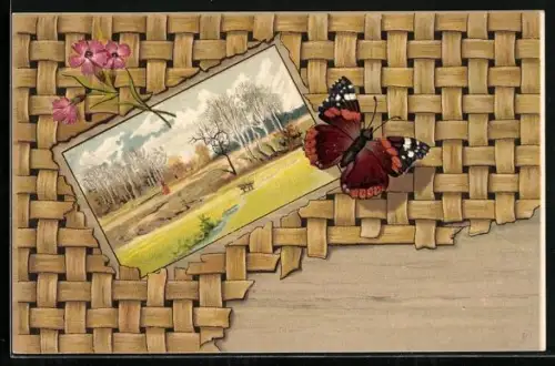 Lithographie Schmetterling mit einer idyllischen Frühlingslandschaft
