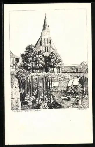 Künstler-AK Ulf Seidl: Förthof /Wachau, Kapelle, Ortspartie
