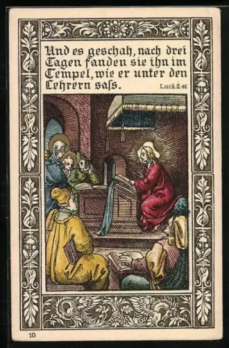 Künstler-AK Christus mit Jüngern im Tempel, Ornament-Rahmen, Sinnspruch