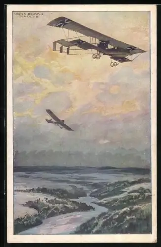 Künstler-AK Hans Rudolf Schulze: Landschaftsbild mit Flugzeugen am Himmel