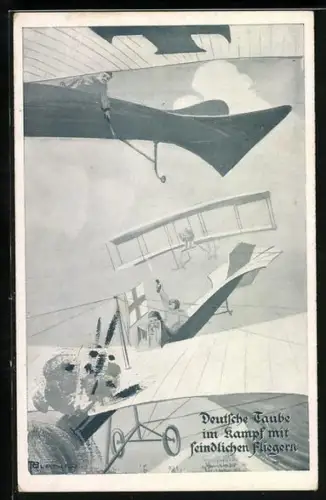 AK Flugzeug-Luftkampf, Deutsche Taube im Kampf mit englischen Flugzeug, Pistolen-Duell über den Wolken