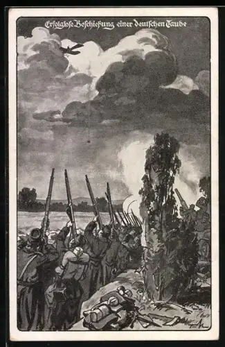 Künstler-AK Erfolglose Beschiessung einer deutschen Taube, Eindecker, Flugzeug