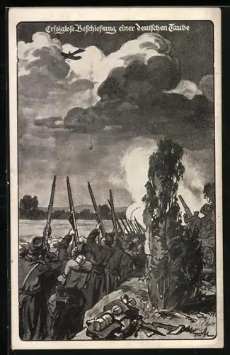 Künstler-AK Erfolglose Beschiessung einer deutschen Taube, Eindecker, Flugzeug