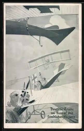 AK Flugzeug-Luftkampf, Deutsche Taube im Kampf mit englischen Flugzeug, Pistolen-Duell über den Wolken