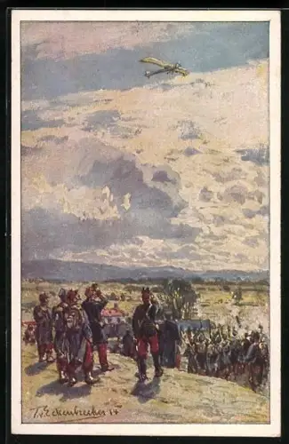 Künstler-AK Themistokles von Eckenbrecher: französische Infanterie beschiesst deutsches Flugzeug Rumpler Taube