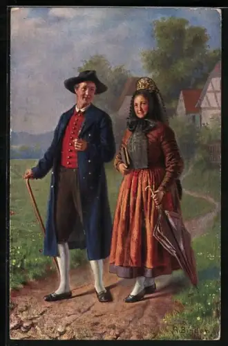AK ein Paar in schwäbischer Tracht