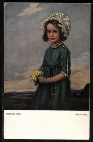 Künstler-AK Corneille Max: Vorfrühling, Mädchen mit Blumenstrauss in der Hand
