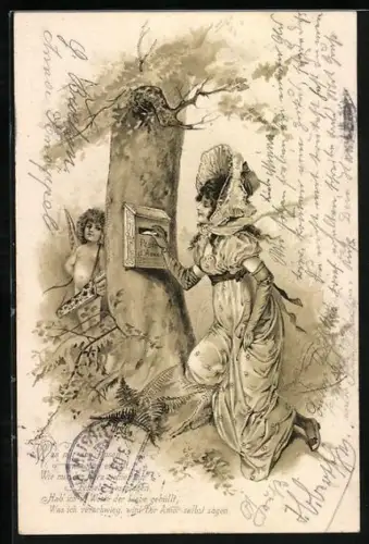Lithographie schöne Frau wirft einen Liebesbrief in Amor`s Briefkasten