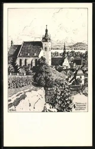 Künstler-AK Ulf Seidl: Krems an der Donau, Piaristenkirche im Ort