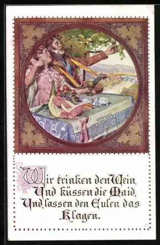Künstler-AK Anton Marussig: Liebespaar trinkt Wein, Spruch: Wir trinken den Wein