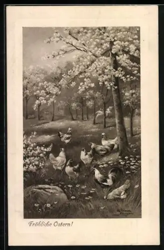 Künstler-AK Alfred Schönian: Fröhliche Ostern!, Hahn und Hennen