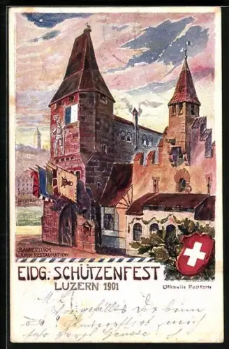 Künstler-AK Luzern, Schützenfest 1901, Bannerturm und kleine Restauration, Wappen