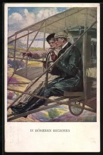 Künstler-AK Clarence F.Underwood: Mann und Frau im Flugzeug