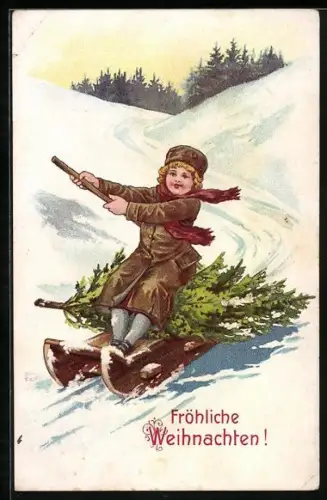 AK Mädchen sitzt mit Tannenbaum auf ihren Schlitten