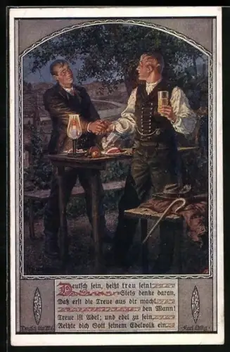Künstler-AK Kuderna: Deutsch sein, heisst treu sein, Zwei Männer begrüssen sich beim Essen, Deutscher Schulverein
