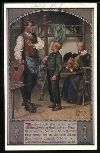 Künstler-AK Franz Kuderna, Deutscher Schulverein Nr. 802: Mutter weint, Vater schimpft mit dem Sohn