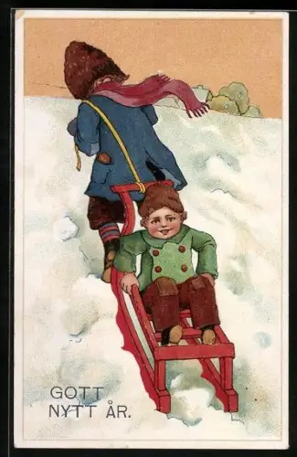 Künstler-AK die Schwester zieht ihren kleinen Bruder auf einem Schlitten den Berg hinauf