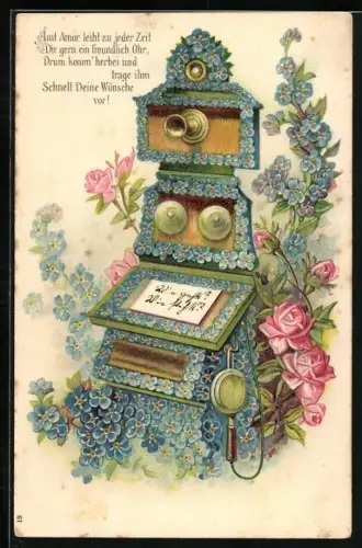 AK Telefon-Apparatur mit Vergissmeinnicht und Rosen, Blumenbild