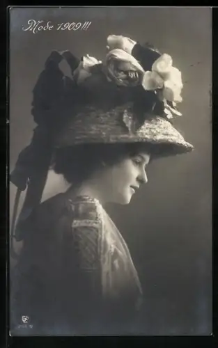 AK Dame mit Blumenhut, Mode 1909