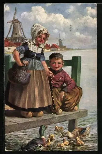 Künstler-AK Theo Stroefer Serie Nr. 894: Mädchen und Knabe füttern eine Entenfamilie