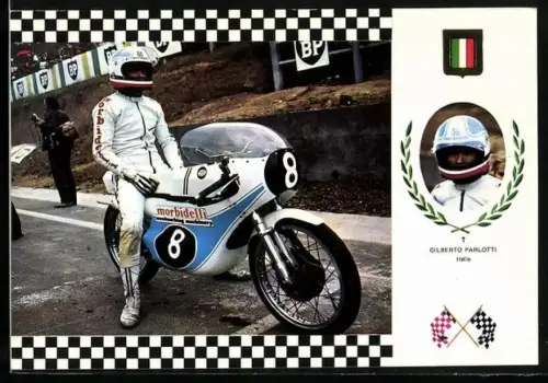 AK Rennfahrer Gilberto Parlotti auf Morbidelli-Motorrad