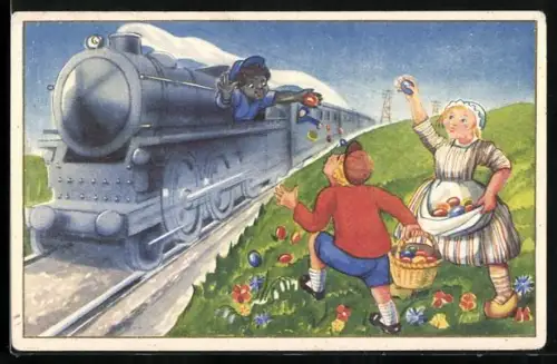 AK Lokführer wirft Ostereier aus einer Eisenbahn