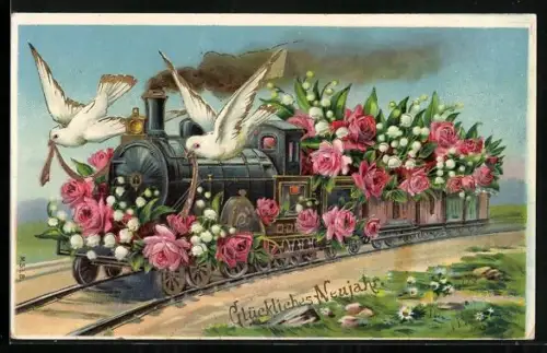 AK Eisenbahn mit Rosen beladen