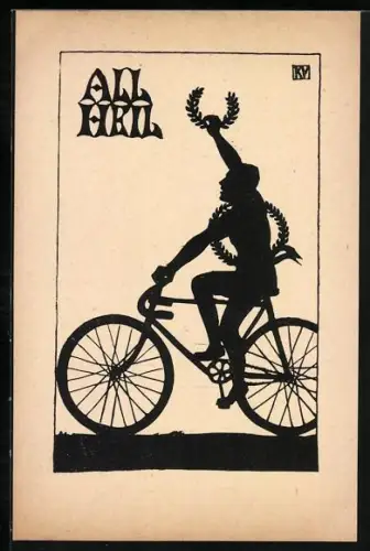 Künstler-AK Mann mit Lorbeerkranz auf einem Fahrrad, All Heil