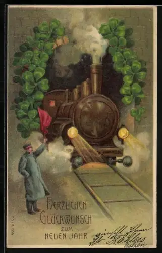 AK Neujahrsgruss, Eisenbahn verlässt einen Tunnel, Kleeblätter