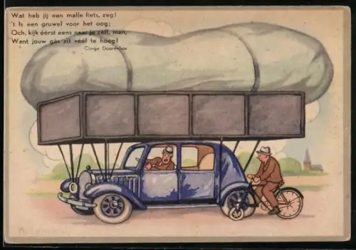 AK Auto mit Ballon auf dem Dach